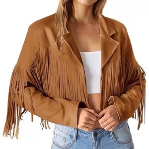 Women's Tan Faux Suede Fringe & Tassel Jacket